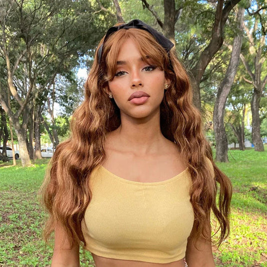 QVR Body Wave Wig With Bangs Full Machine made Human Hair Wig/13x4/4x4 HD Lace Front Wigs P4/27