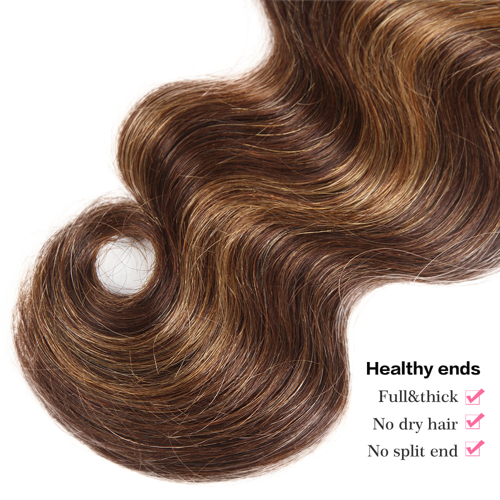 QVR Body Wave Human Hair Weave 3 Bundles with Closure Virgin Hair Highlight Piano Brown Blonde Color