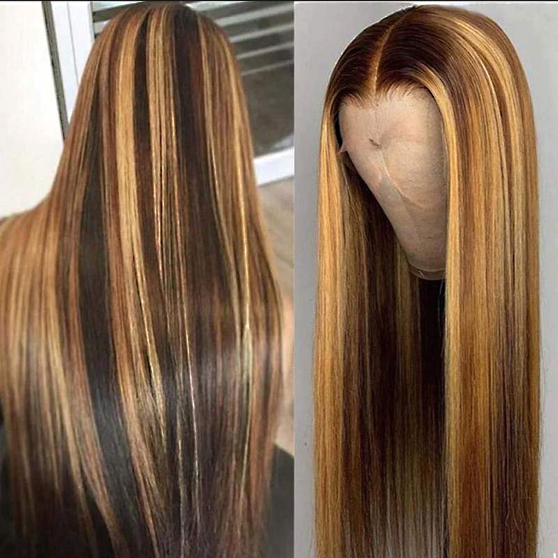 QVR Honey Blonde Highlight Straight 4x4 Lace Closure Wig Human Hair 13x4 Lace Front Wig