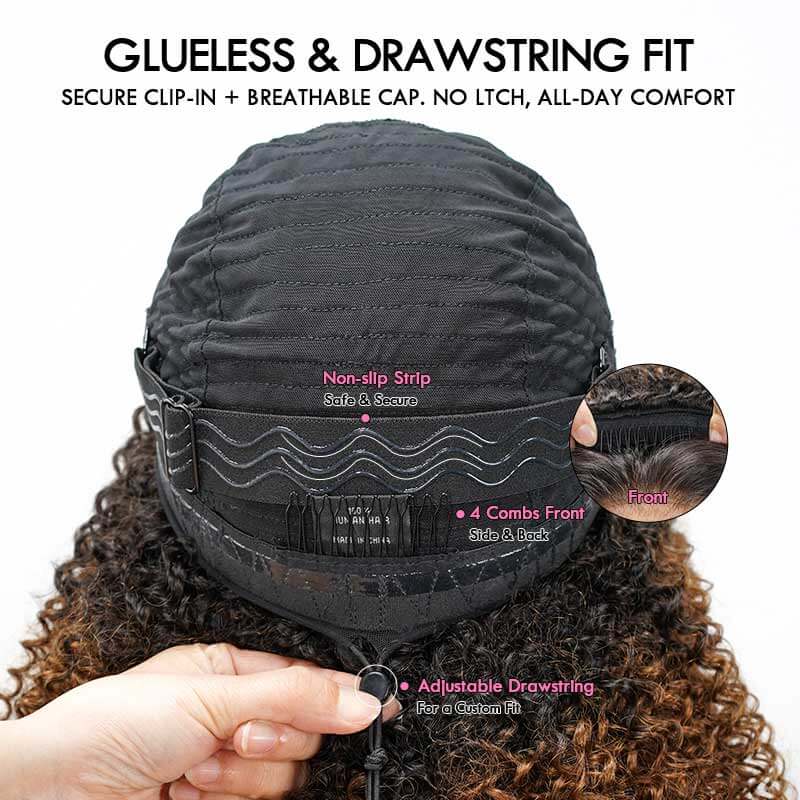 QVR Glueless Dark Brown Kinky Curly Half Wig with Black Roots 250% Density Human Hair Wig #T1B/4 Wear Go Flip Over Wig