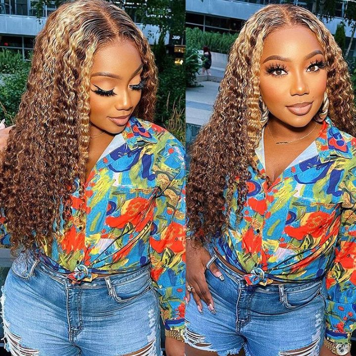 QVR Highlight 13x4 Piano Color Deep Wave Pre-plucked Lace Frontal Human Hair Wig