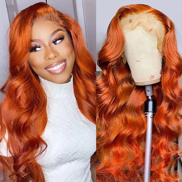 QVR Ginger Orange Straight Glueless Wigs Brazilian Virgin Hair Lace Frontal Wig Pre Plucked with Baby Hair