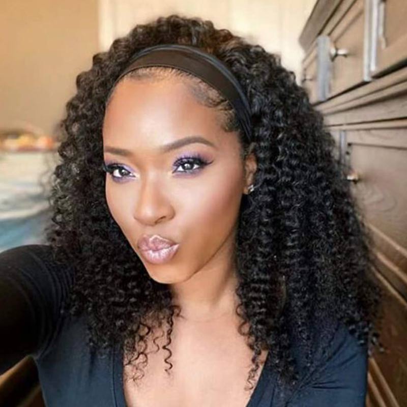 QVR Kinky Curly Wig Headband Wig Glueless Wig Human Hair Wigs Natural Looking