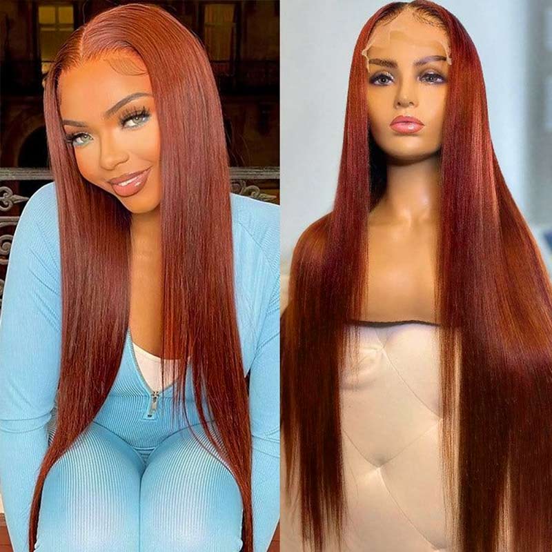 QVR #33A Reddish Brown Body Wave Wigs Virgin Straight Human Hair Wig 13x4 Lace Front Wigs