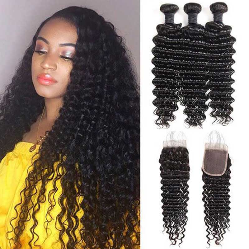 Queen Remy Human Hair Water Wave Bundles Deep Wave Jerry Curly Kinky Curly  3 Bundles With Closure 4x4 Lace Closure