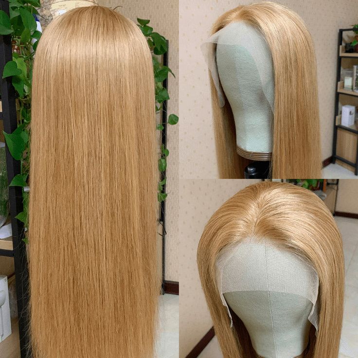 QVR Straight Wig Virgin Human Hair Lace Closure & Frontal Glueless Wigs with Baby Hair Golden Blonde Color #27