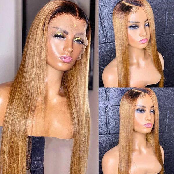 QVR Straight 1B/27 Honey Blonde 4x4 Lace Closure Wigs with Dark Roots For Black Women Human Hair Wigs