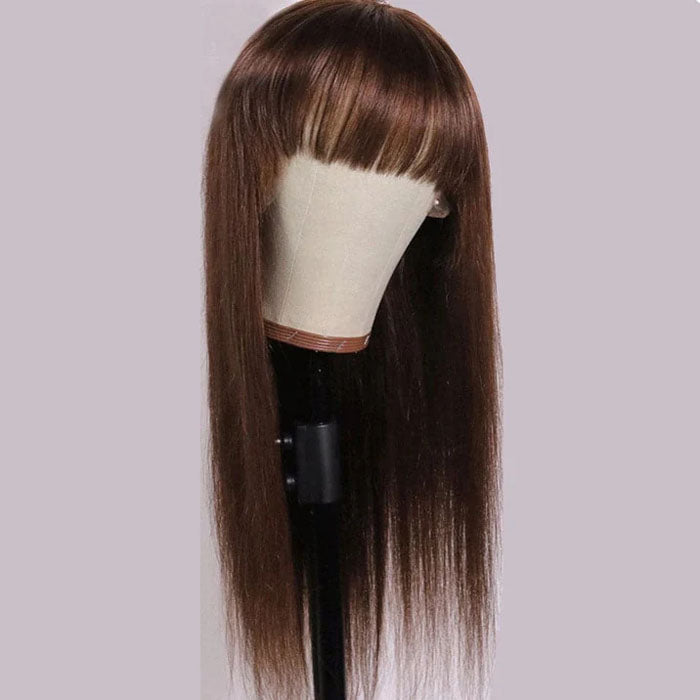 QVR #4 Chocolate Brown Straight Wig With Bangs Glueless Full Machine Made Human Hair Wig With Bangs