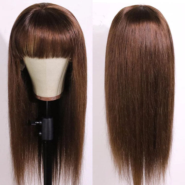 QVR #4 Chocolate Brown Straight Wig With Bangs Glueless Full Machine Made Human Hair Wig With Bangs