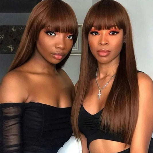 QVR #4 Chocolate Brown Straight Wig With Bangs Glueless Full Machine Made Human Hair Wig With Bangs