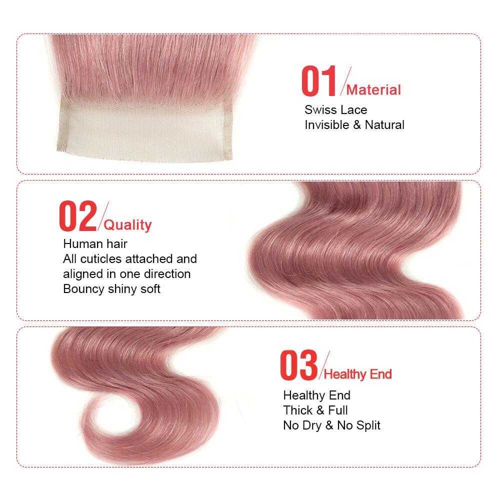 QVR Virgin Human Hair 4*4 Body Wave Closure Pink2