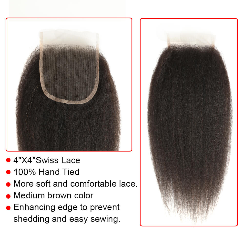QVR Virgin Human Hair 4*4 Kinky Straight Closure Ntural Color