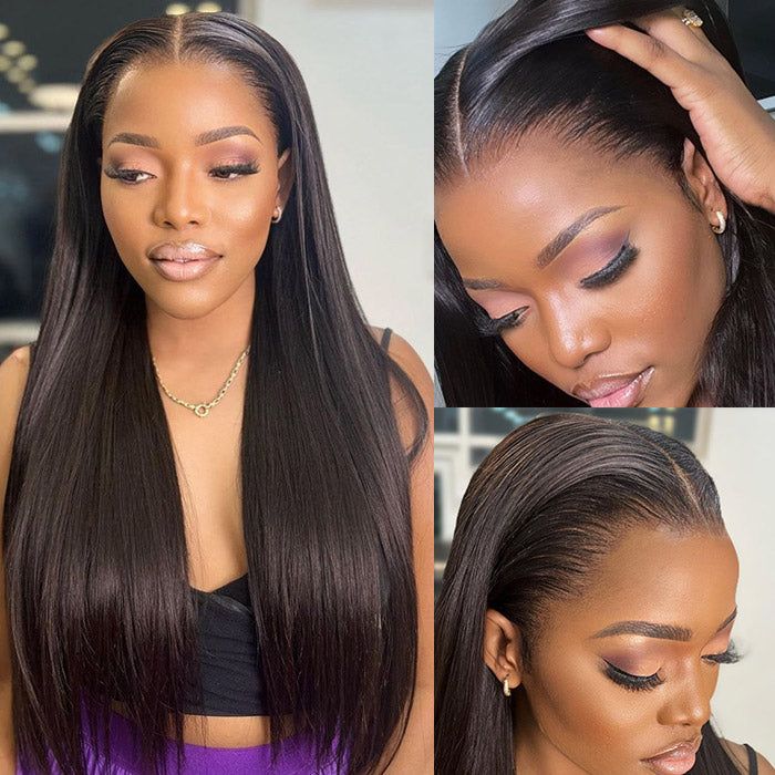 QVR Straight GlueLess Wig HD Lace Frontal Virgin Hair Wigs Lace Closure Wig Pre Plucked With Baby Hair Wigs 250% Density