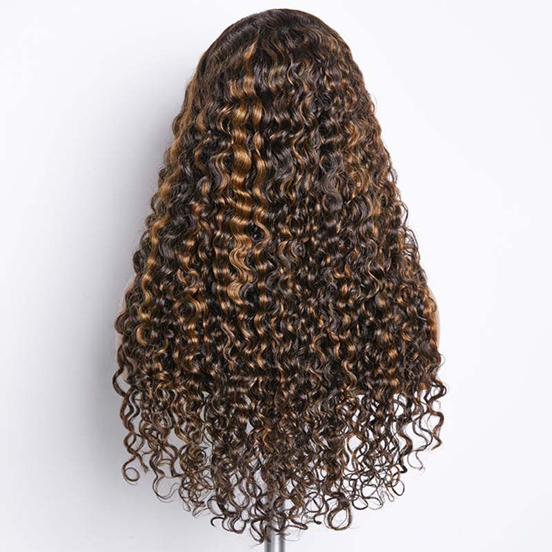 QVR Balayage Funmi Curly Glueless 5x5 Lace Closure Wig Brown Highlights Human Hair Wigs