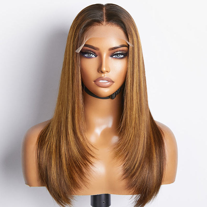 QVR Glueless Piano Highlight Straight 5x5 Lace Closure Wig Layered Cut Human Hair Brown Mix Blonde Wigs