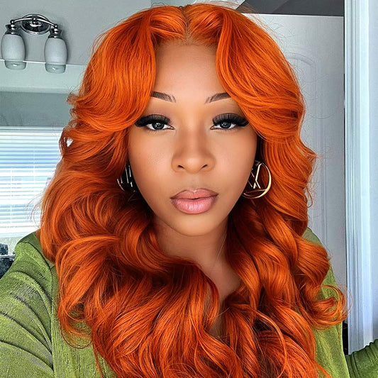 QVR Orange Ginger Body Wave 5x5 Lace Closure Wig Colored 13x4 Lace Front Human Hair Wigs 210% Density