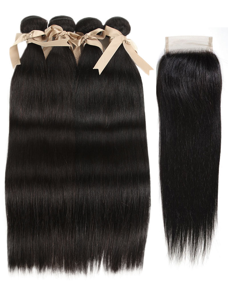 QVR Remy Human Hair Straight Hair 4 Bundles With 4x4 Lace Closure Natural Color