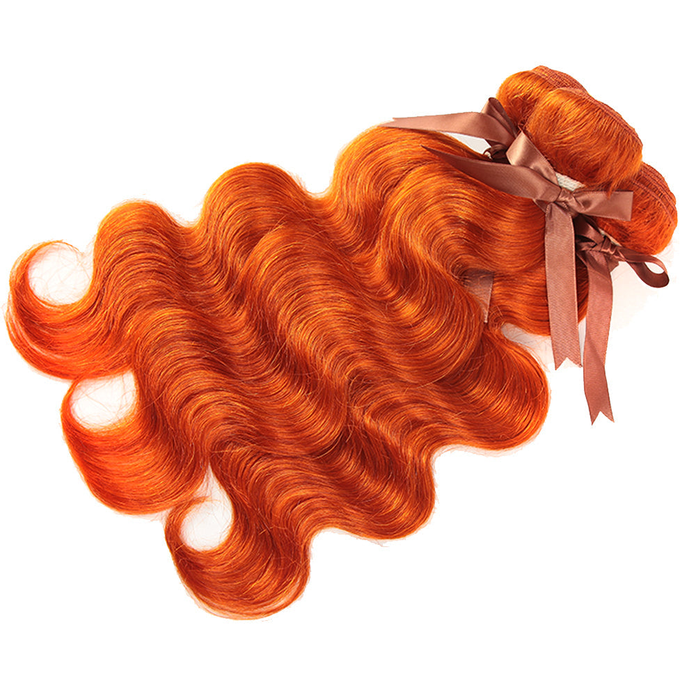 QVR Body Wave Human Hair Bundles 3 Ginger Orange Human Hair Bundles with Blonde Lace Closure Skunk Stripe