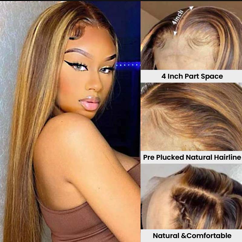 QVR Honey Blonde Highlight Straight 4x4 Lace Closure Wig Human Hair 13x4 Lace Front Wig