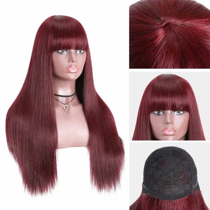 QVR 99J Burgundy Color Machine Made Wig With Bangs Stright Human Hair Wigs No Lace