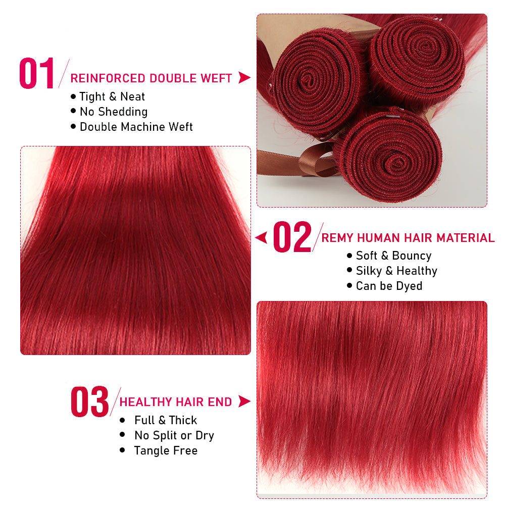 Queen Remy Human Hair 3 Bundles with Closure Straight Hair Weave Red Color