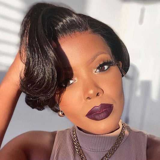 QVR Pixie Cut Style Short Hair Natural Black Color T Part Lace Frontal Human Hair Wig
