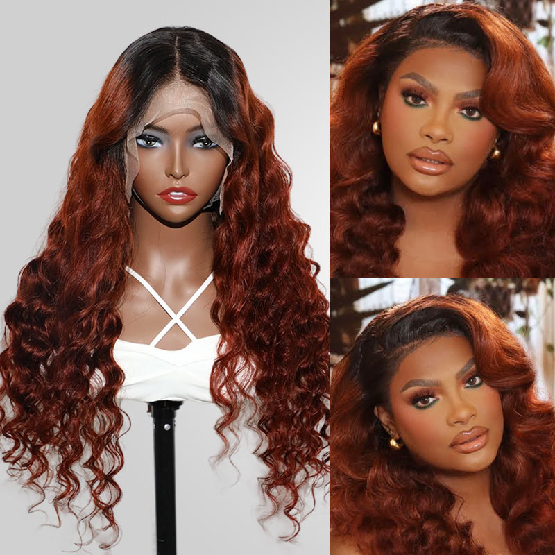 QVR 1B/33 Glueless Affordable Loose Deep Wave 4x4/5x5 Lace Closure Ombre Reddish Brown Colored Wigs