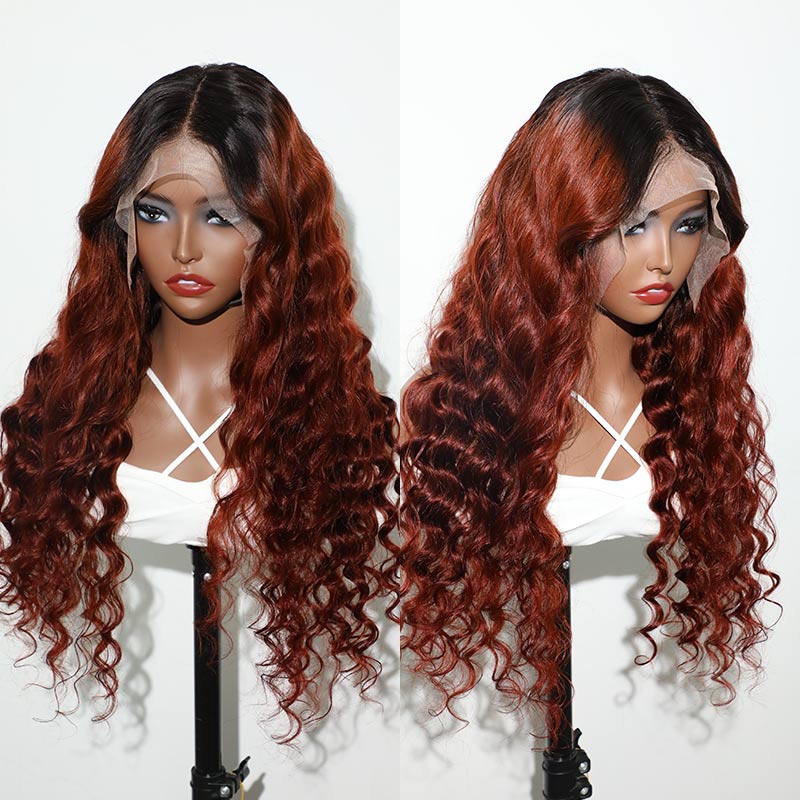 QVR 1B/33 Glueless Affordable Loose Deep Wave 4x4/5x5 Lace Closure Ombre Reddish Brown Colored Wigs