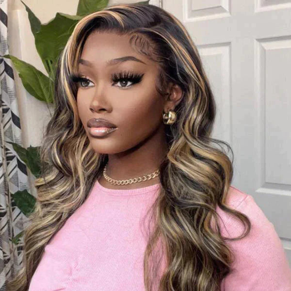 QVR Balayage Highlight Color 4x4 Transparent Lace Closure Invisible knots Pre-Plucked Body Wave Wig