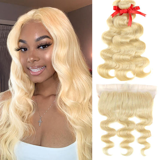 QVR Virgin Human Hair Blonde Body Wave 3 Bundles With 13*4 Lace Frontal