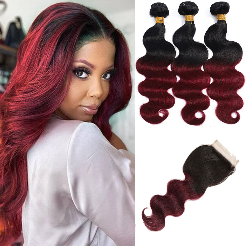 QVR Remy Body Wave Human Hair Bundles With Closure 1B Burgundy Remy Peruvian Dyed Omber 3 Bundles With Frontal 4x4 Brazilian Human Hair