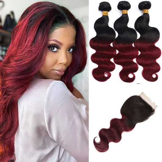 QVR Remy Body Wave Human Hair Bundles With Closure 1B Burgundy Remy Peruvian Dyed Omber 3 Bundles With Frontal 4x4 Brazilian Human Hair