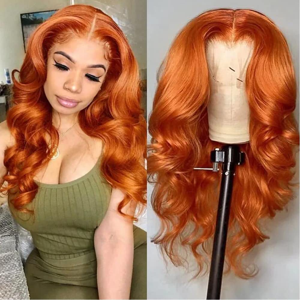 QVR Orange Ginger Body Wave 5x5 Lace Closure Wig Colored 13x4 Lace Front Human Hair Wigs 210% Density