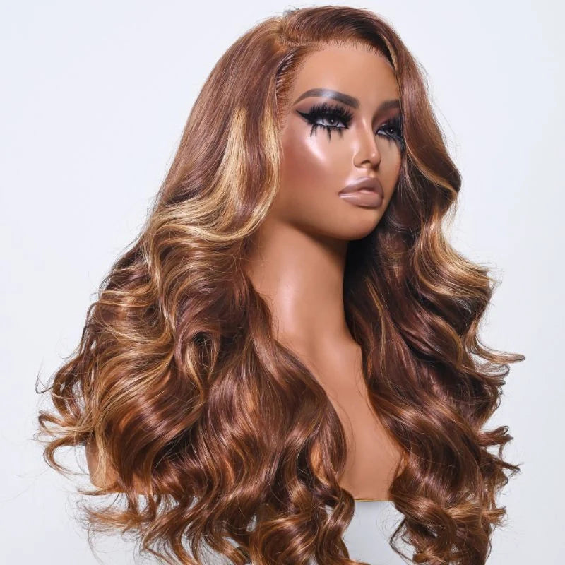 QVR Highlights 13x4 Lace Front Brown Body Wave Wigs Bleached Knots 4x4 Lace Closure Wigs
