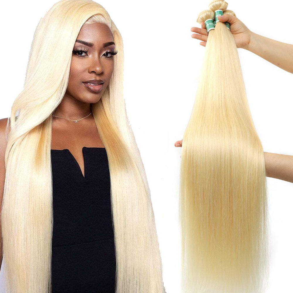 QVR Remy Human Hair Blonde Straight Hair 3 Bundles 613