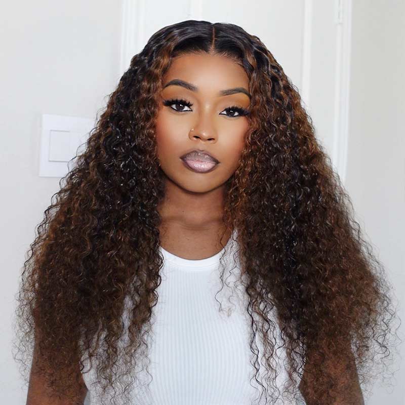 QVR Balayage Funmi Curly Glueless 5x5 Lace Closure Wig Brown Highlights Human Hair Wigs
