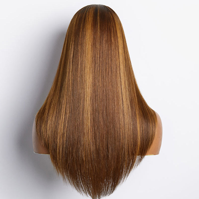 QVR Glueless Piano Highlight Straight 5x5 Lace Closure Wig Layered Cut Human Hair Brown Mix Blonde Wigs