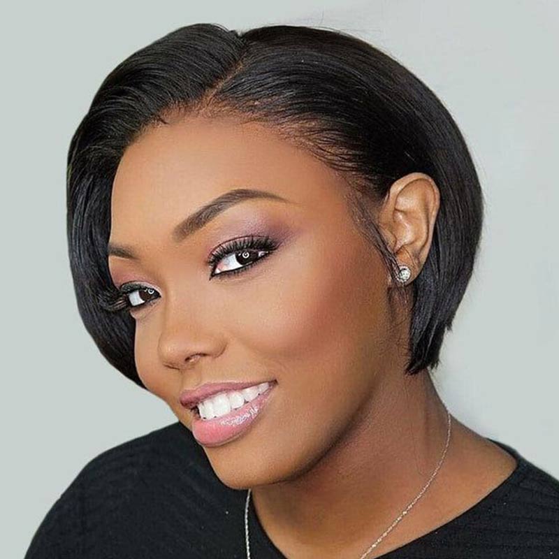 QVR Pixie Cut Style Short Hair Natural Black Color T Part Lace Frontal Human Hair Wig