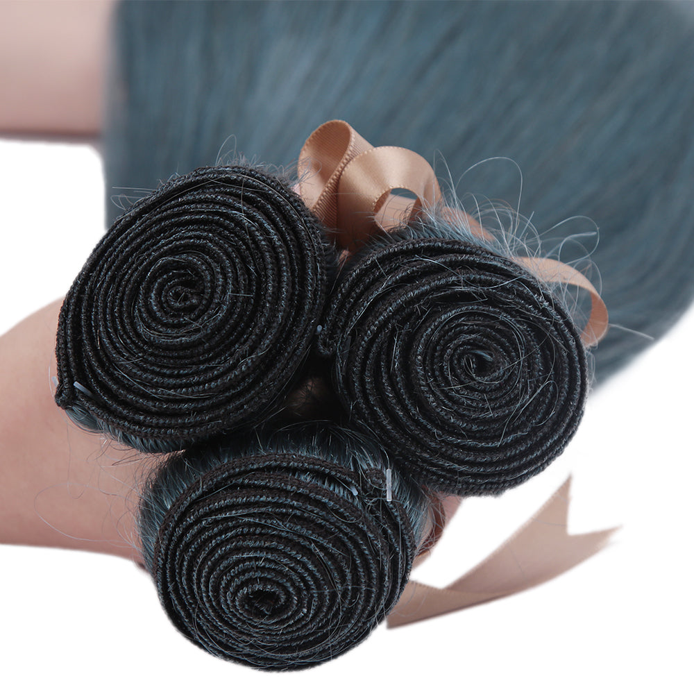 Queen Remy Human Hair 3 Bundles Straight Human Hair Weave Ink Blue Dark Green Color