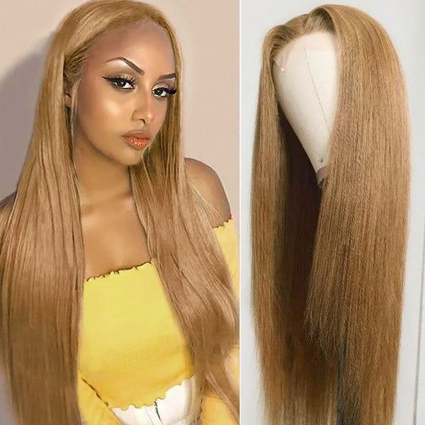 QVR Straight Wig Virgin Human Hair Lace Closure & Frontal Glueless Wigs with Baby Hair Golden Blonde Color #27
