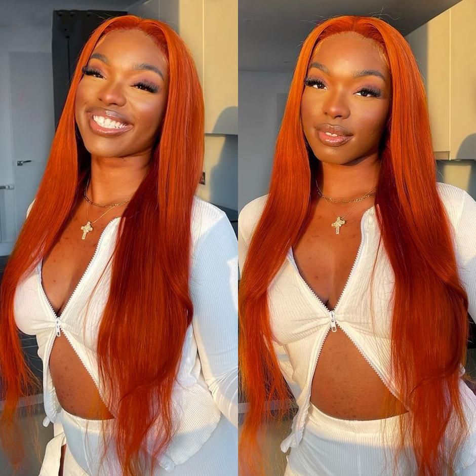 QVR Ginger Orange Straight Glueless Wigs Brazilian Virgin Hair Lace Frontal Wig Pre Plucked with Baby Hair