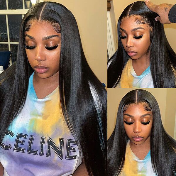 QVR Straight GlueLess Wig HD Lace Frontal Virgin Hair Wigs Lace Closure Wig Pre Plucked With Baby Hair Wigs 250% Density