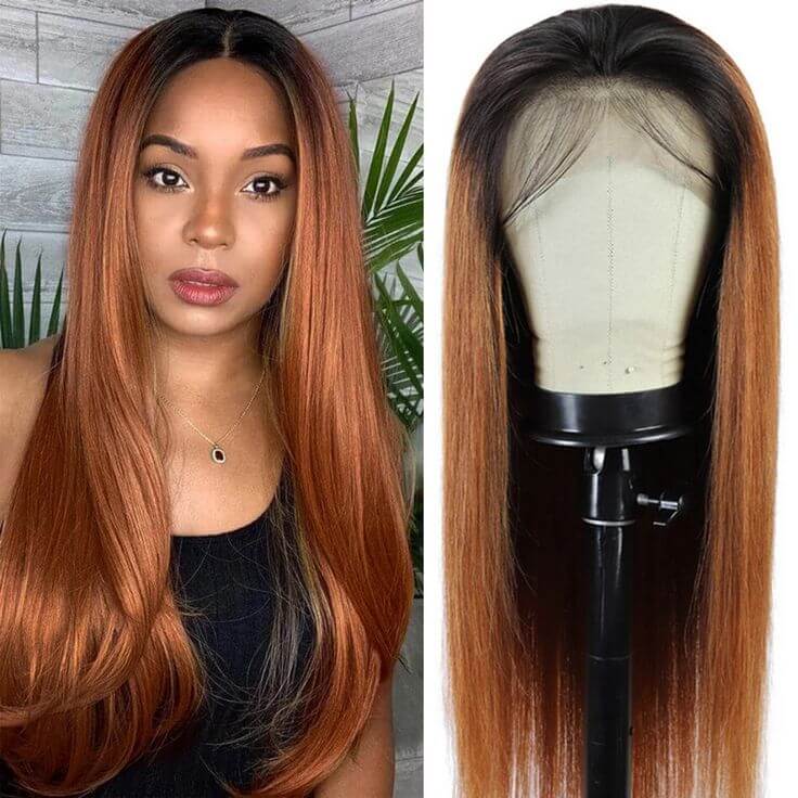 QVR Straight Hair 1B/30 Ombre Honey Brown Color Glueless 4x4 Lace Closure Wig 100% Virgin Human Hair Wigs