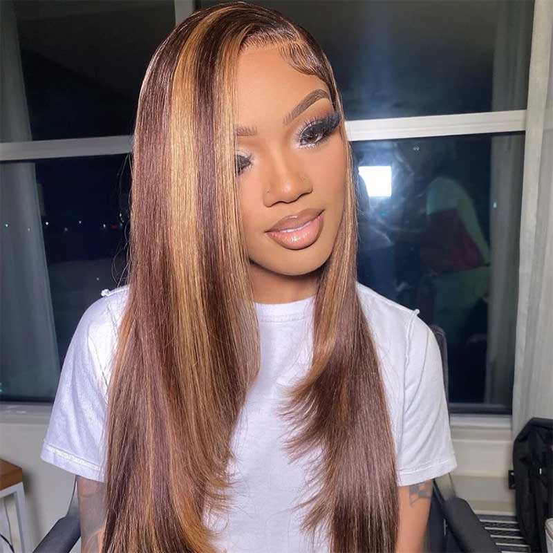 QVR Glueless Piano Highlight Straight 5x5 Lace Closure Wig Layered Cut Human Hair Brown Mix Blonde Wigs