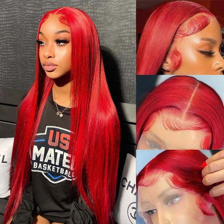 QVR Pre Plucked Red Color Straight 13x4 Lace Front Wig Colored Nature Hairline Human Hair Wigs