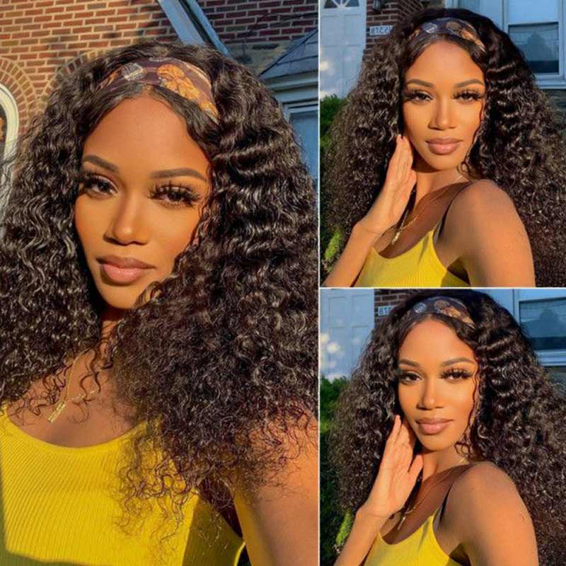 QVR Glueless Deep Wave Headband Wig Human Hair Wear and Go Wigs Natural Looking