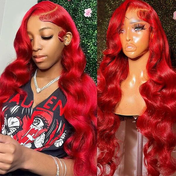 32 Inch Red Color Lace Front Wigs Body Wave Transparent 13x4 Lace Front Wig with Pre Plucked