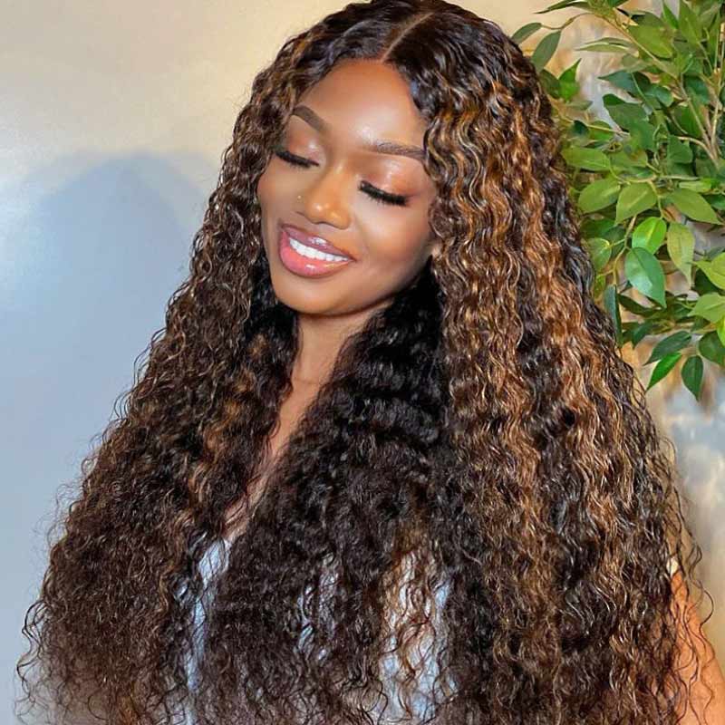 QVR Balayage Funmi Curly Glueless 5x5 Lace Closure Wig Brown Highlights Human Hair Wigs