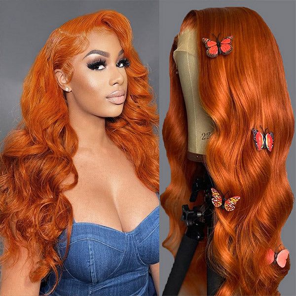 QVR Orange Ginger Body Wave 5x5 Lace Closure Wig Colored 13x4 Lace Front Human Hair Wigs 210% Density