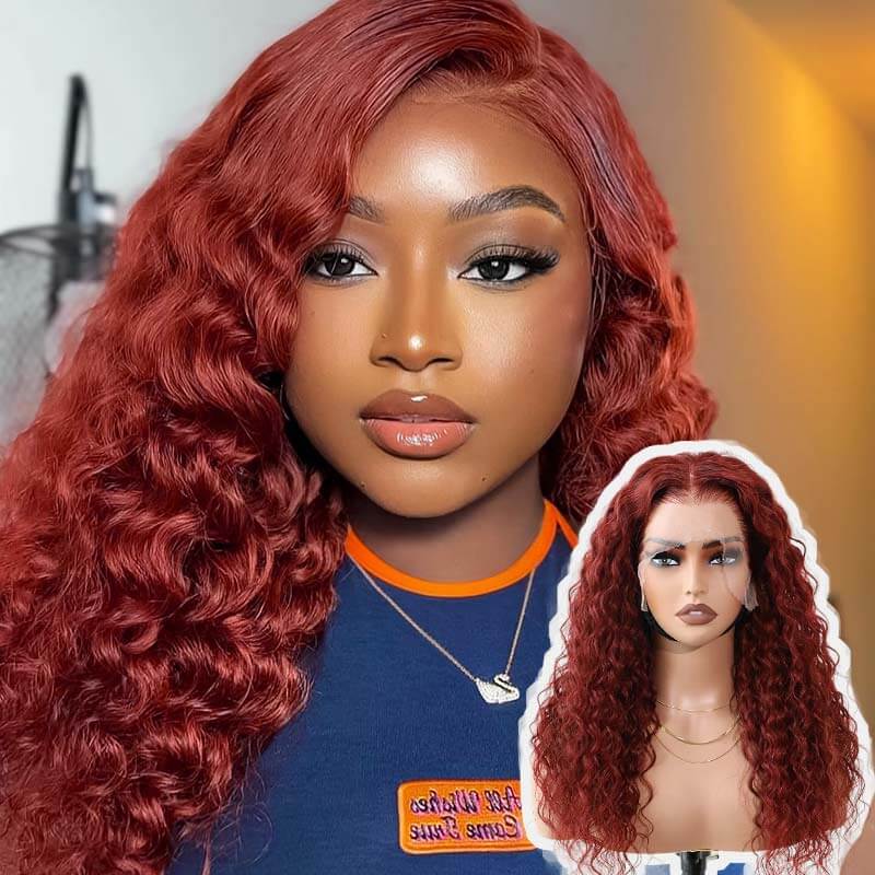 QVR New Auburn Brown 13x4 Lace Frontal Water Wave Pre-plucked Human Hair Wigs